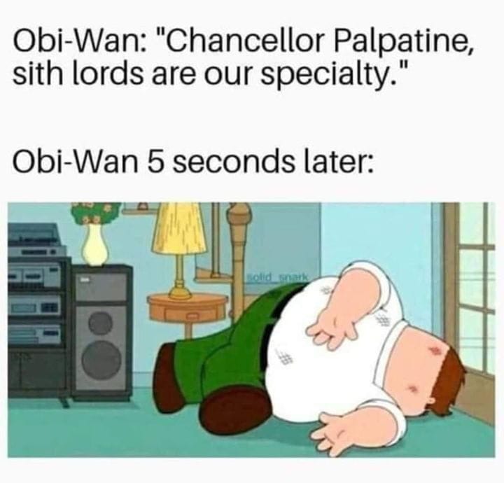 The meme is a humorous take on a famous line from the movie Star Wars: The Return of the Jedi. The image shows a character from the movie, Obi-Wan Kenobi, in a shocked and embarrassed expression, with the words "I find your lack of faith... disturbing" written above him. However, the text below the image reads "I find your lack of snacks... disturbing".